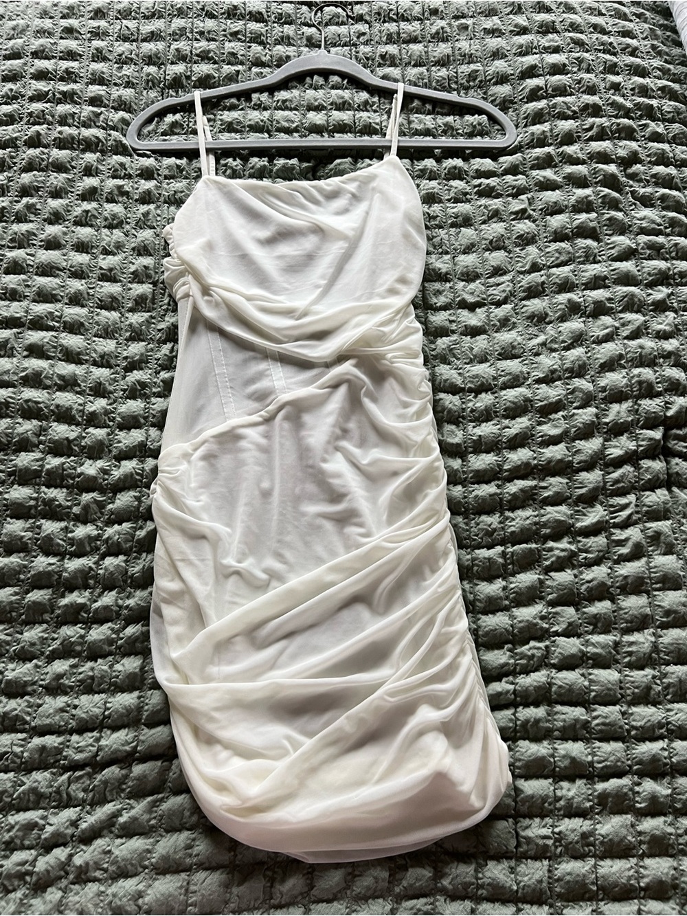 White Ruched Spaghetti Strap Mini Dress